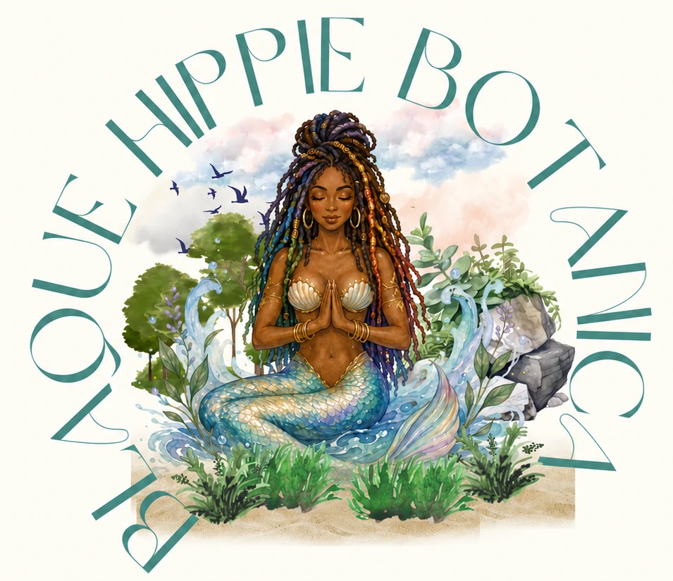 Blaque Hippie Botanica mermaid surrounded by trees, flowing water, and botanical greenery